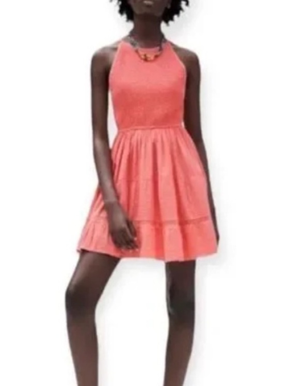 ZARA Coral Seersucker Halter Dress